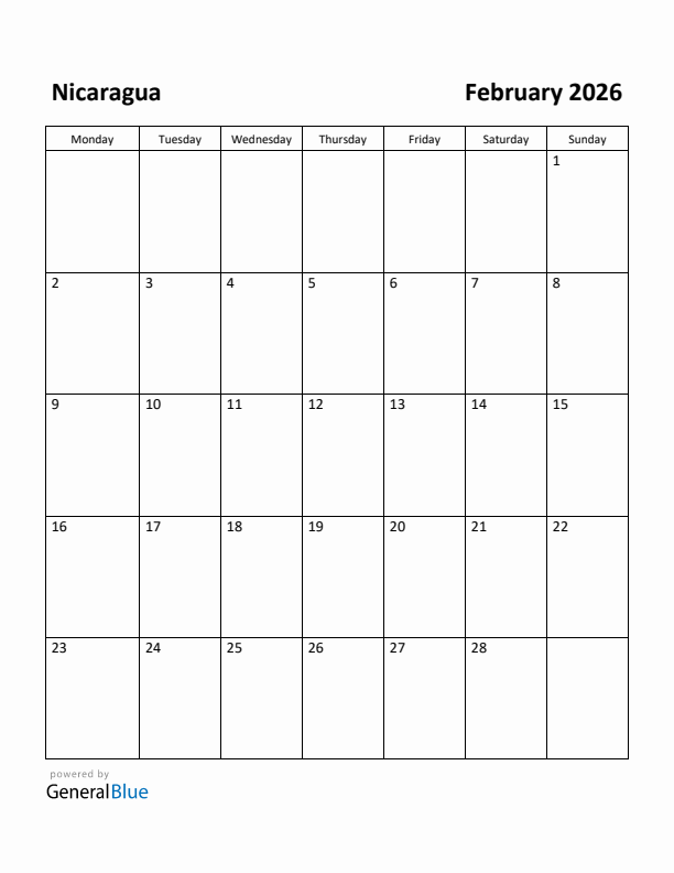 February 2026 Calendar with Nicaragua Holidays