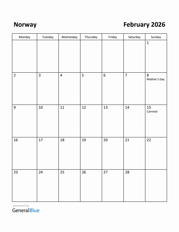February 2026 Calendar with Norway Holidays