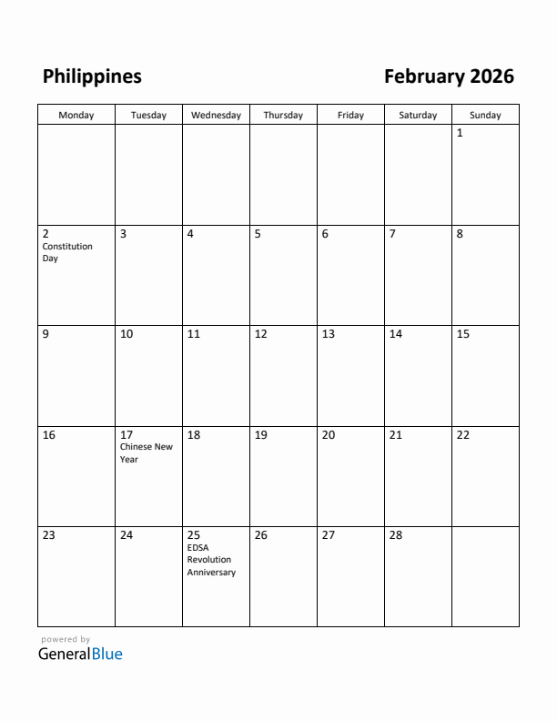 February 2026 Calendar with Philippines Holidays