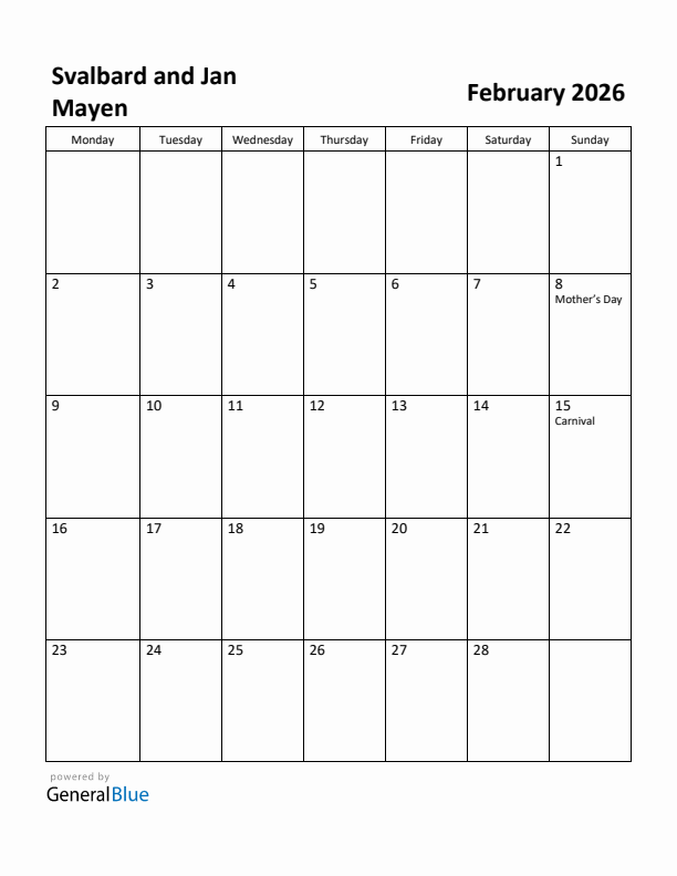 February 2026 Calendar with Svalbard and Jan Mayen Holidays