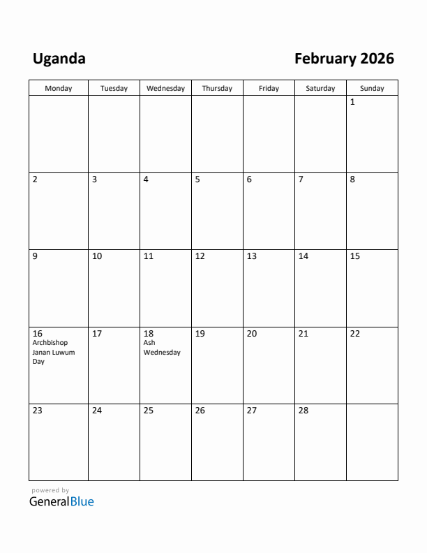 February 2026 Calendar with Uganda Holidays