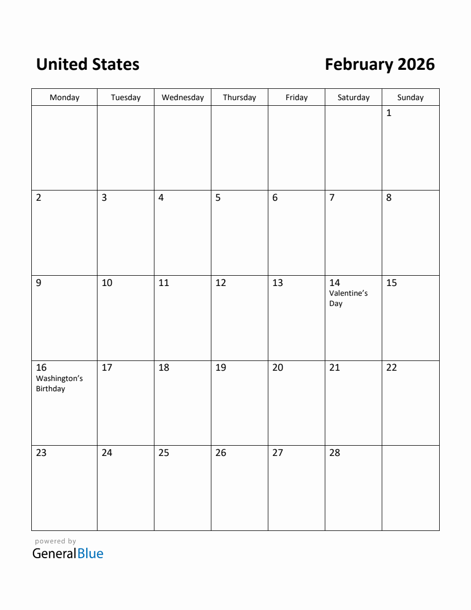 Free Printable February 2026 Calendar For United States