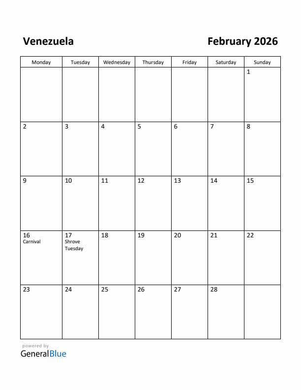 February 2026 Calendar with Venezuela Holidays