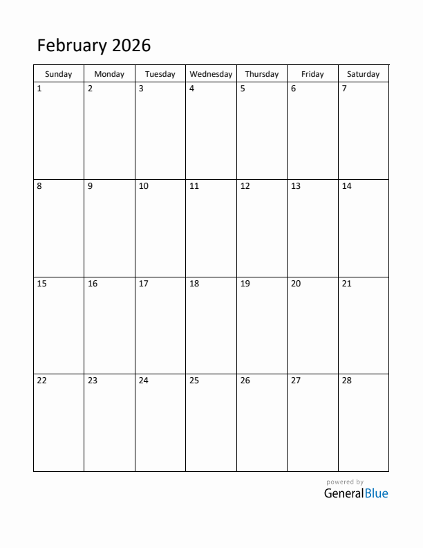 Sunday Start Calendar for February 2026