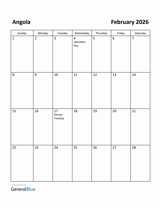 February 2026 Calendar with Angola Holidays