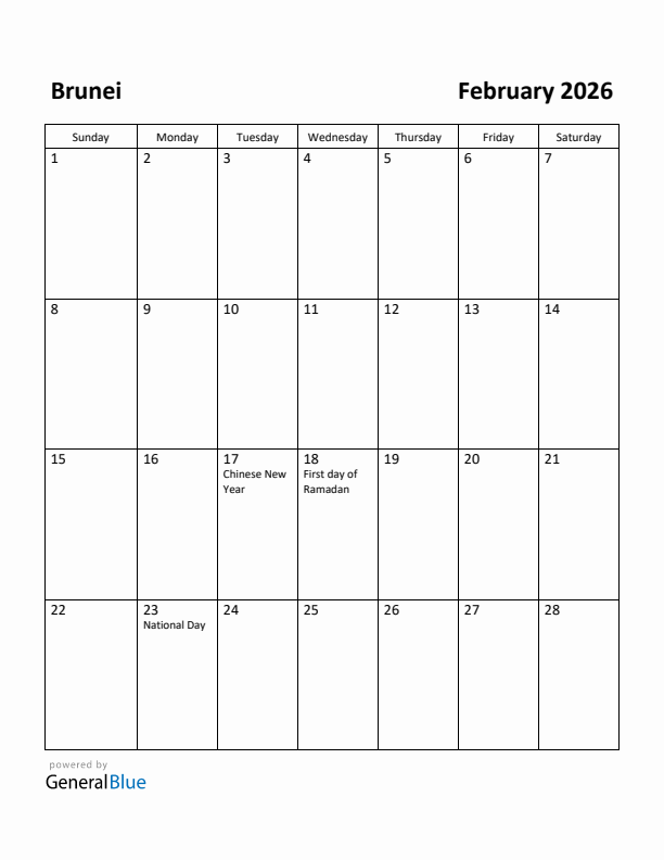 February 2026 Calendar with Brunei Holidays