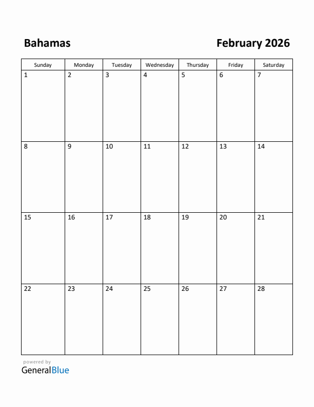 February 2026 Calendar with Bahamas Holidays