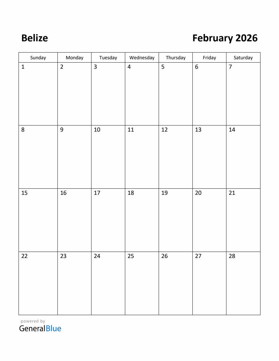 Free Printable February 2026 Calendar for Belize