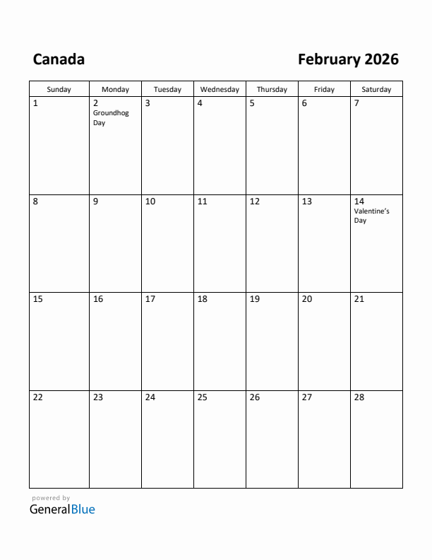 February 2026 Calendar with Canada Holidays