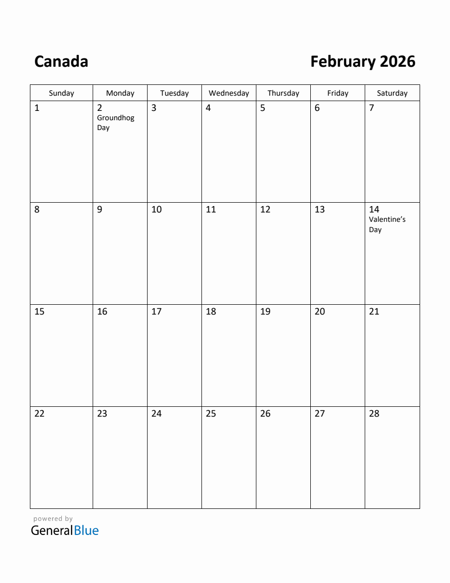 Free Printable February 2026 Calendar for Canada