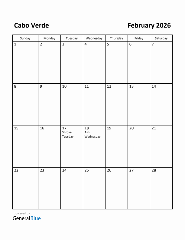 February 2026 Calendar with Cabo Verde Holidays