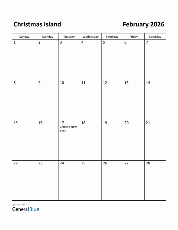 February 2026 Calendar with Christmas Island Holidays