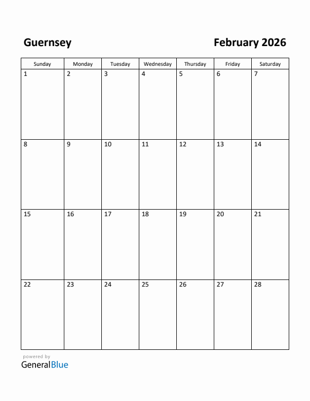 February 2026 Calendar with Guernsey Holidays