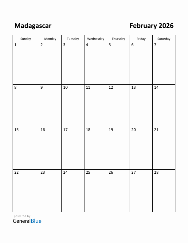 February 2026 Calendar with Madagascar Holidays