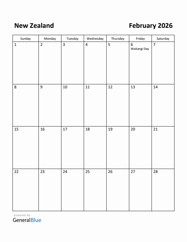 February 2026 Calendar with New Zealand Holidays