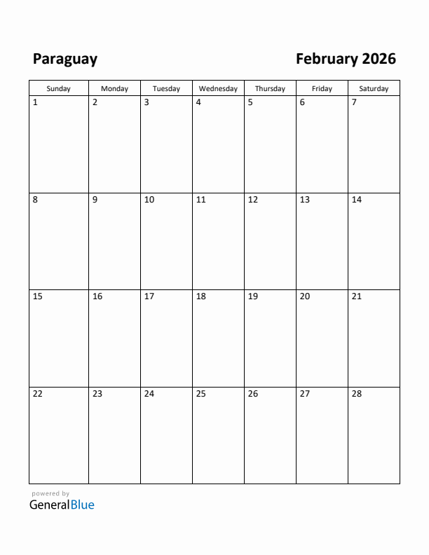 February 2026 Calendar with Paraguay Holidays