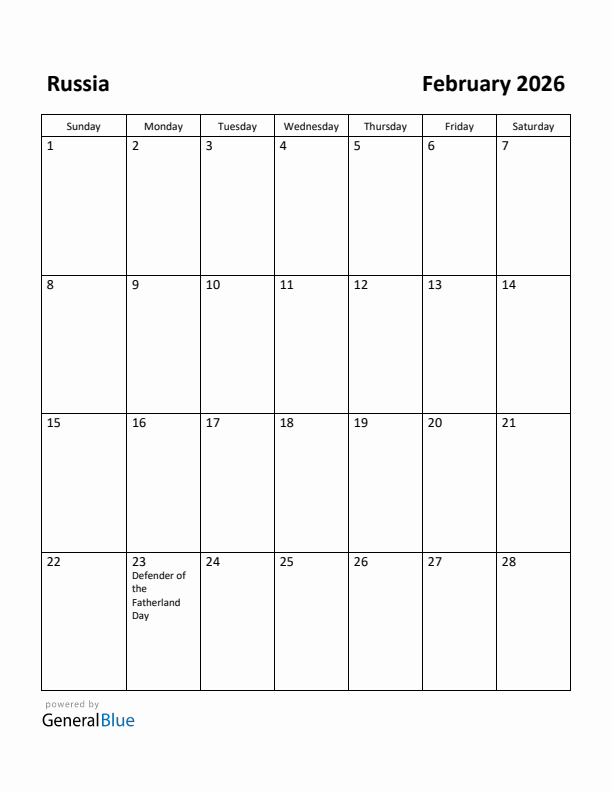 February 2026 Calendar with Russia Holidays