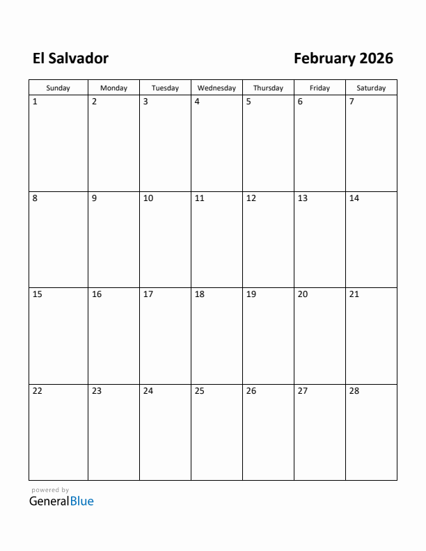 February 2026 Calendar with El Salvador Holidays