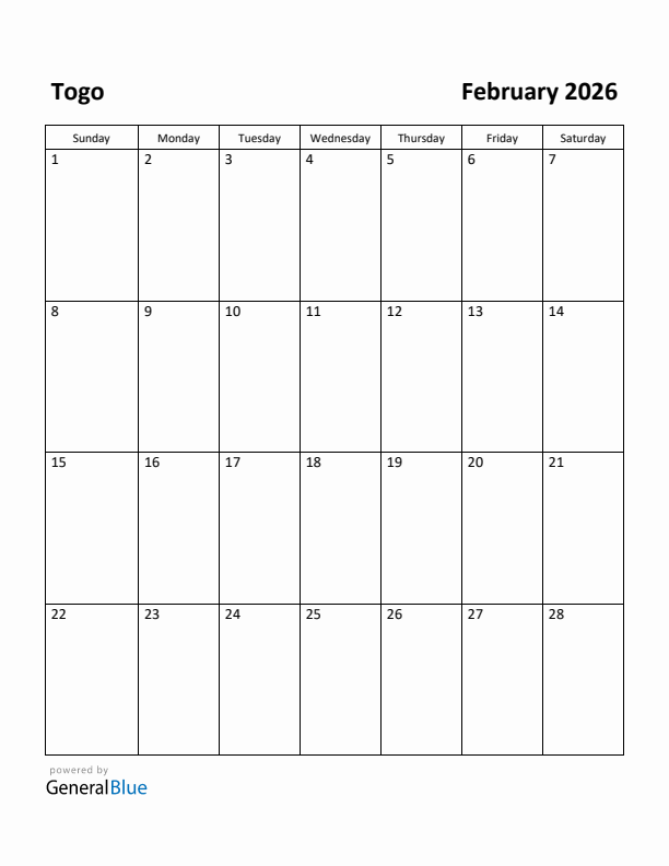 February 2026 Calendar with Togo Holidays