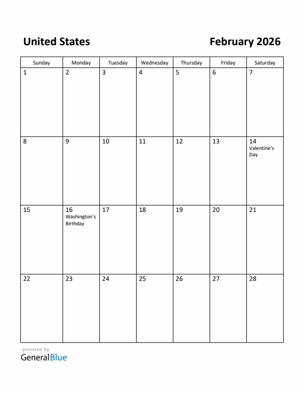 February 2026 Calendar with United States Holidays