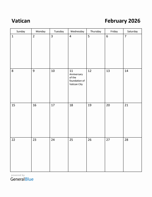 February 2026 Calendar with Vatican Holidays