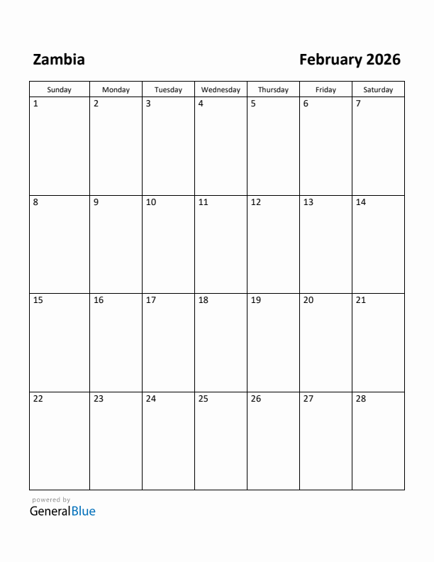 February 2026 Calendar with Zambia Holidays