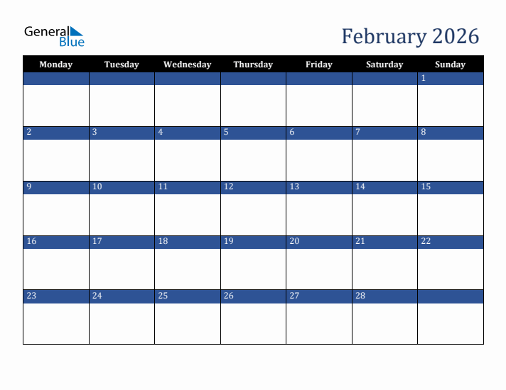 Monday Start Calendar for February 2026