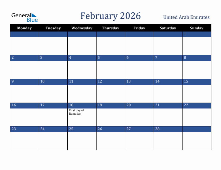 February 2026 United Arab Emirates Calendar (Monday Start)