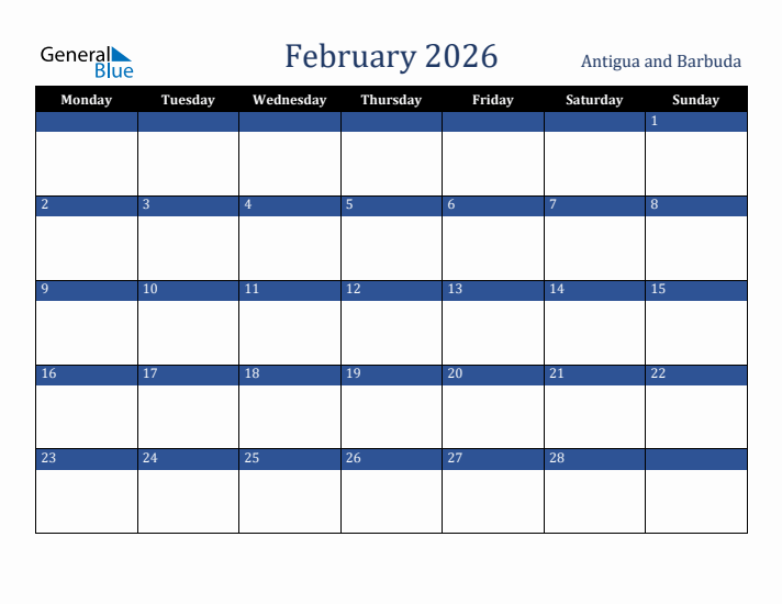 February 2026 Antigua and Barbuda Calendar (Monday Start)