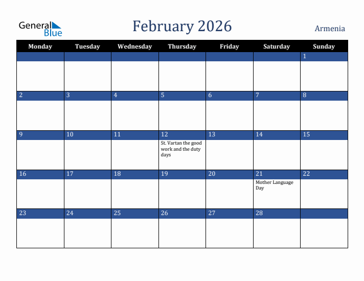 February 2026 Armenia Calendar (Monday Start)