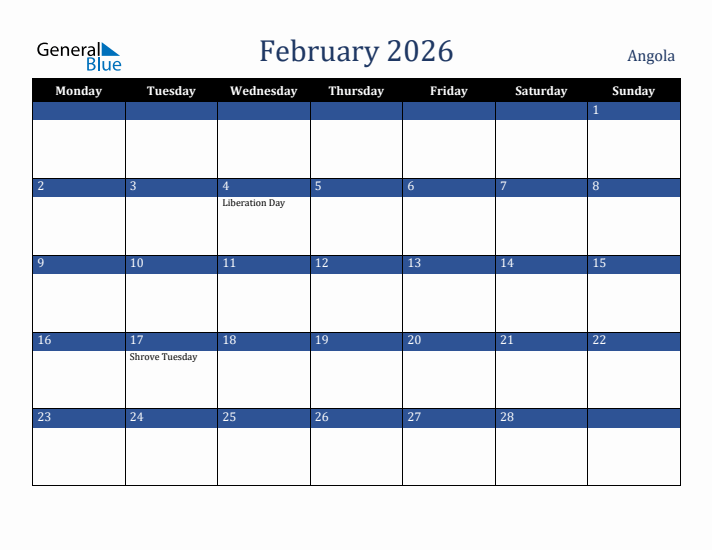 February 2026 Angola Calendar (Monday Start)
