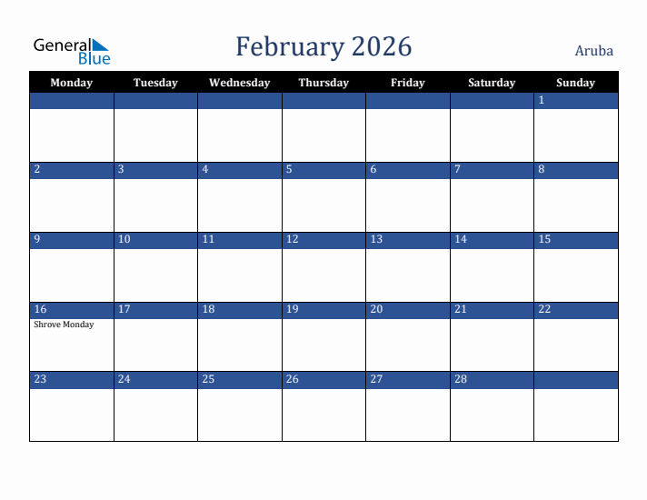 February 2026 Aruba Calendar (Monday Start)