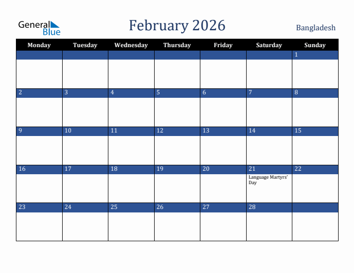 February 2026 Bangladesh Calendar (Monday Start)