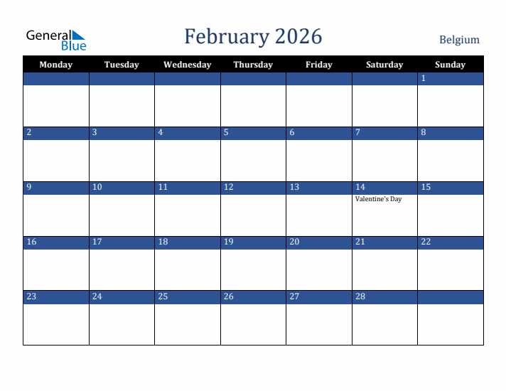 February 2026 Belgium Calendar (Monday Start)