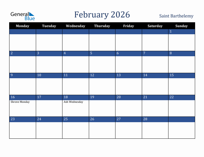 February 2026 Saint Barthelemy Calendar (Monday Start)