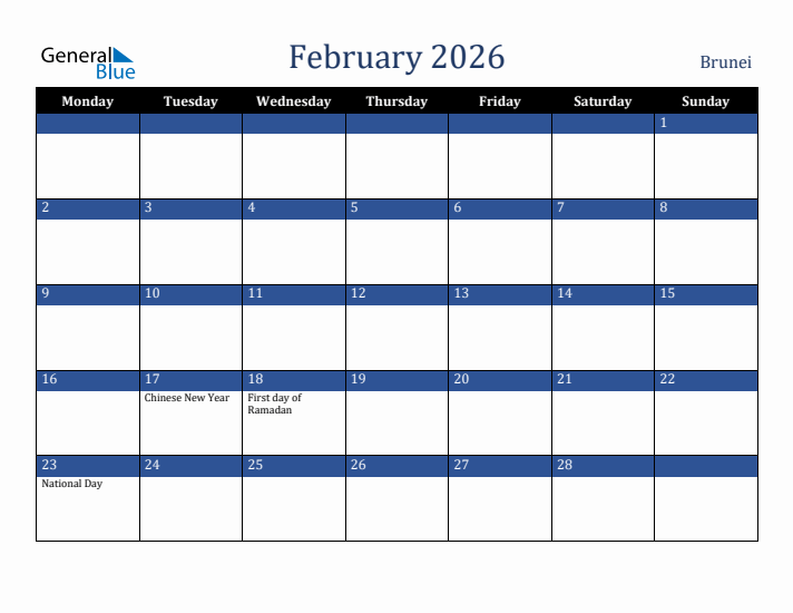 February 2026 Brunei Calendar (Monday Start)