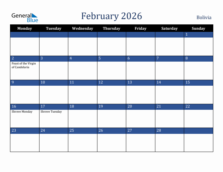 February 2026 Bolivia Calendar (Monday Start)