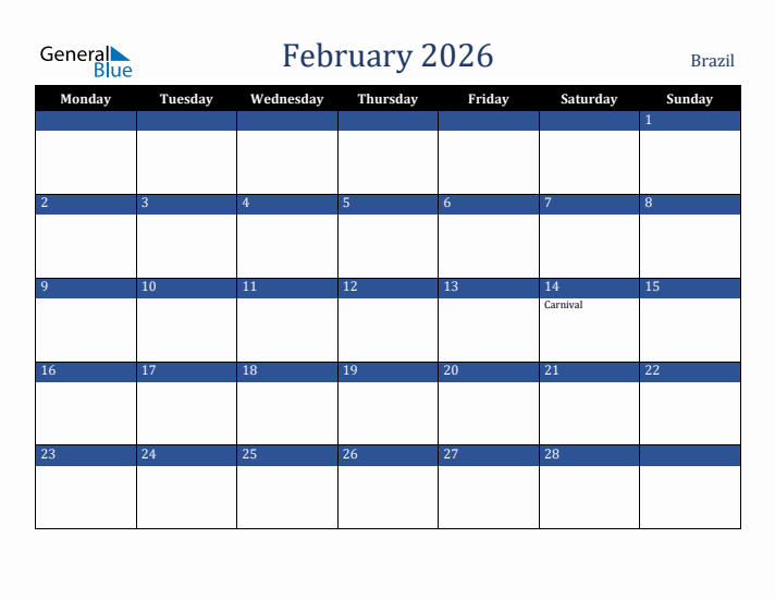 February 2026 Brazil Calendar (Monday Start)