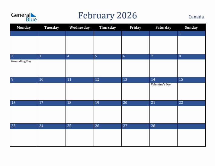 February 2026 Canada Calendar (Monday Start)