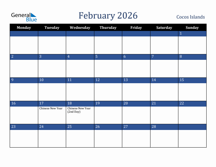 February 2026 Cocos Islands Calendar (Monday Start)