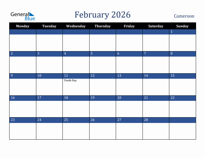 February 2026 Cameroon Calendar (Monday Start)