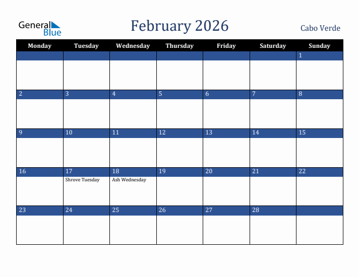 February 2026 Cabo Verde Calendar (Monday Start)