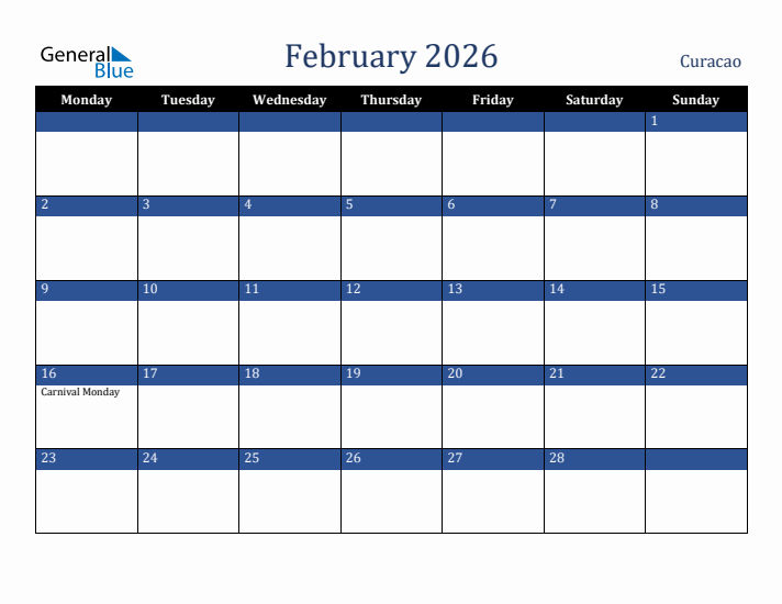 February 2026 Curacao Calendar (Monday Start)