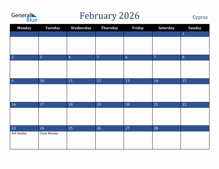 February 2026 Cyprus Calendar (Monday Start)