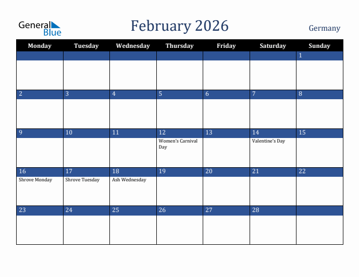 February 2026 Germany Calendar (Monday Start)