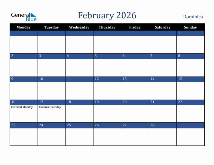 February 2026 Dominica Calendar (Monday Start)