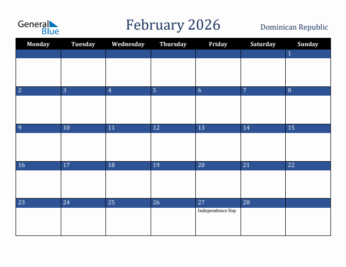 February 2026 Dominican Republic Calendar (Monday Start)