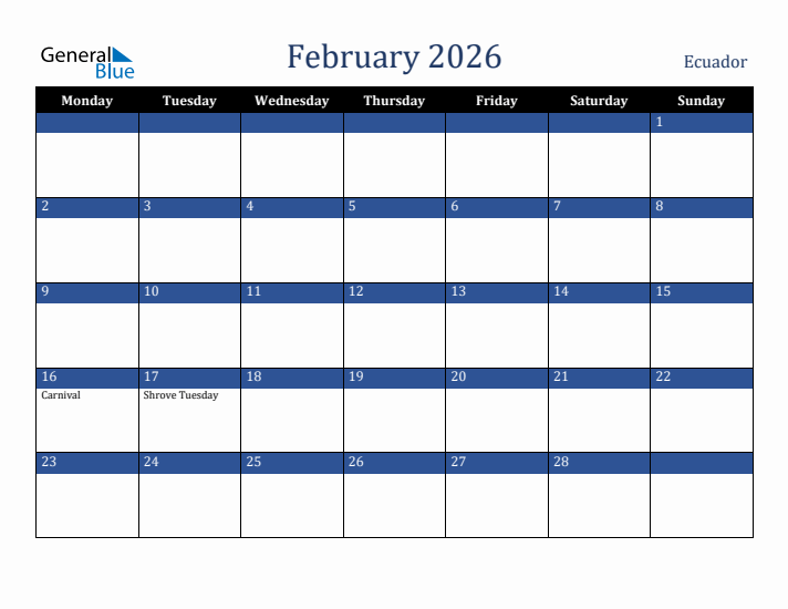 February 2026 Ecuador Calendar (Monday Start)