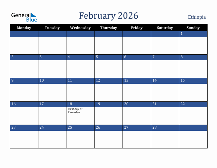 February 2026 Ethiopia Calendar (Monday Start)