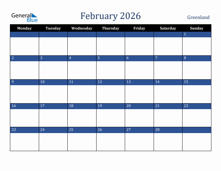February 2026 Greenland Calendar (Monday Start)